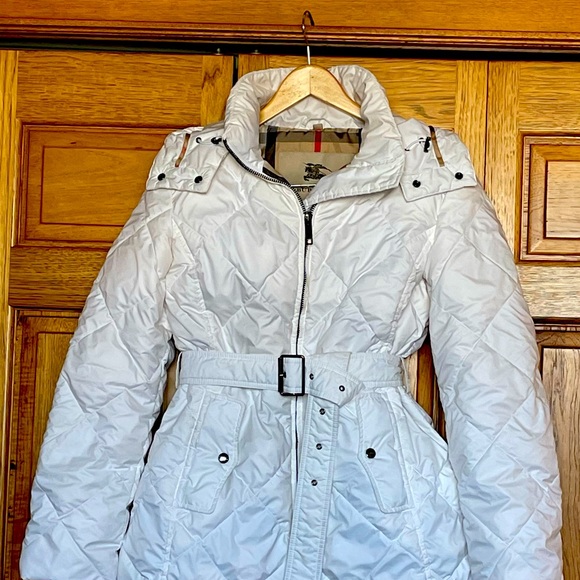 Burberry of London white puffer coat /detachable hood belt double zipper szM